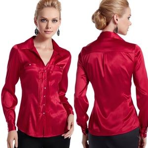 White House Black Market Red Silk Button Up Blouse